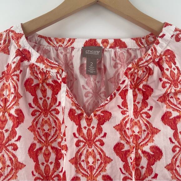 CHICO’S Tunic Size Large Contrast Medallion Feminine Popover Top Stretch Cotton - Picture 6 of 15